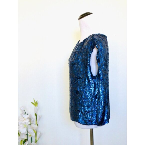 Alice + Olivia Sequin Silk Blouse Top Sleeveless Blue SZ S - Picture 2 of 9